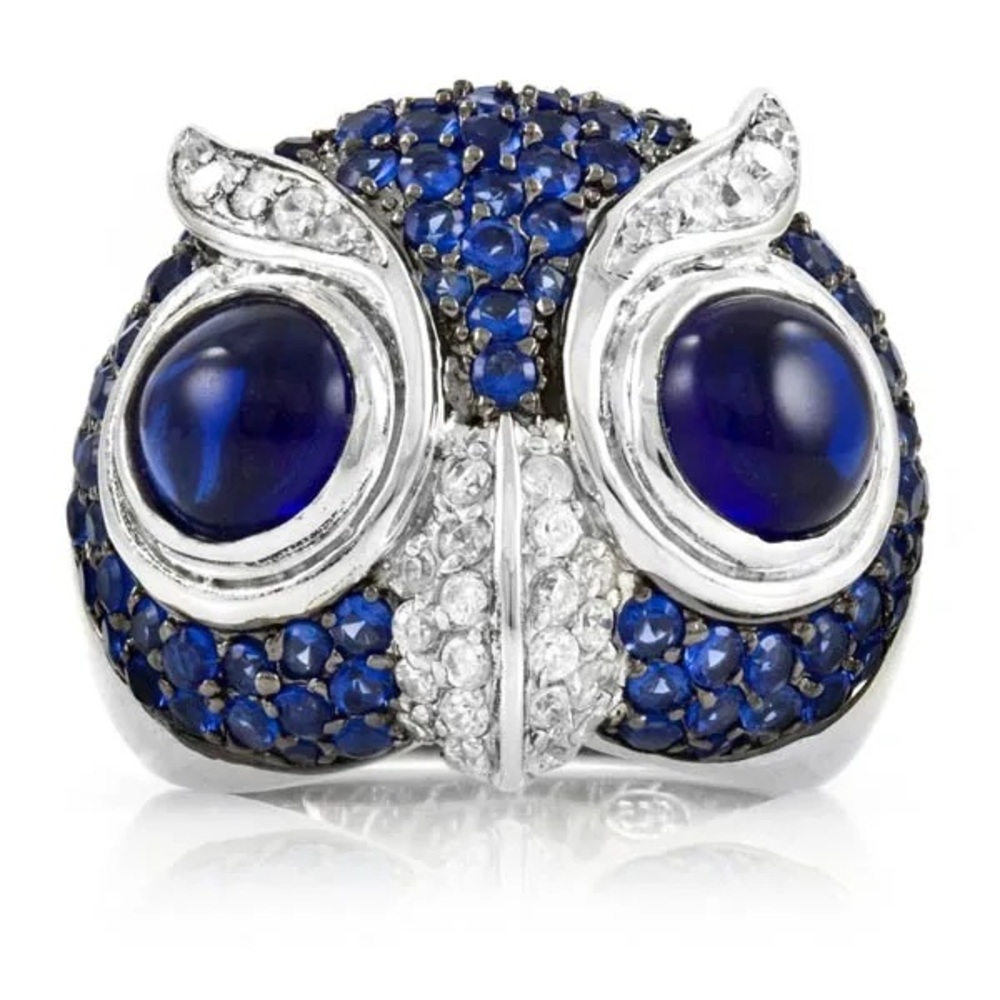 Blue Sapphire Micro Pave set Cz animal Cabochon OWL statement Cocktail Ring